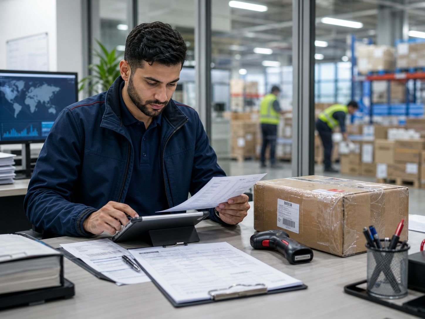 Courier operations specialist checking customs paperwork beside a parcel