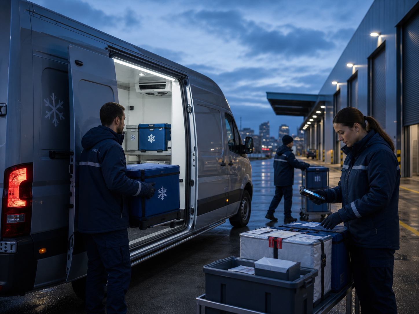 Temperature-controlled courier van loading insulated medical shipments