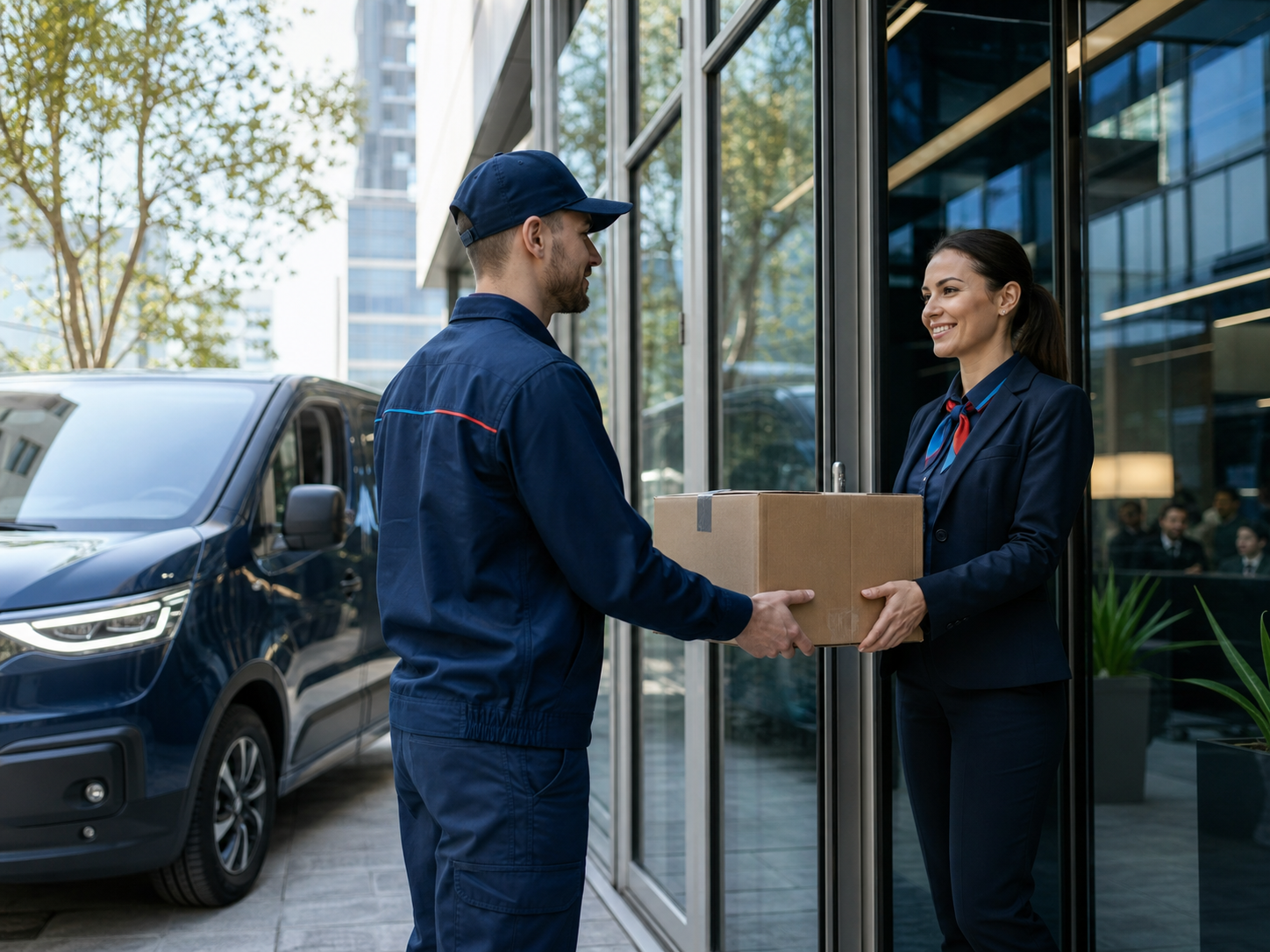 Courier completing a professional delivery handoff