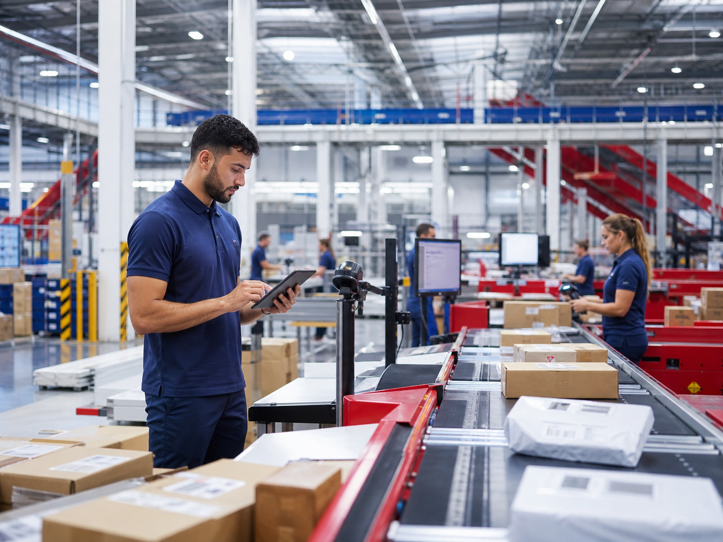Automated parcel sorting hub with operations staff